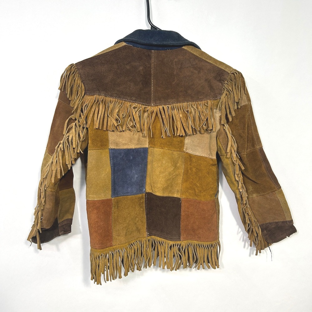 Suede‎ Fringe Patchwork Jacket Youth 10 Brown Western Boho Folkcore 70s Leather - Picture 4 of 9